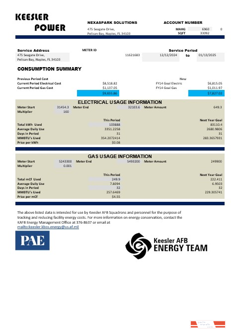 USA Mississippi Keesler AFB Energy business utility bill template in Word and PDF formats